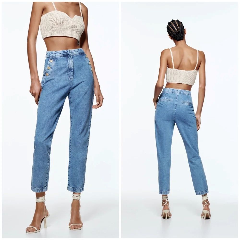 Zara Gold Buttoned Straight Leg Blue 100% Cotton Sailor Style Jeans Small